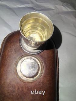 Antique Black Starr & Frost Sterling Silver Leather Flask Telescoping Shot Glass