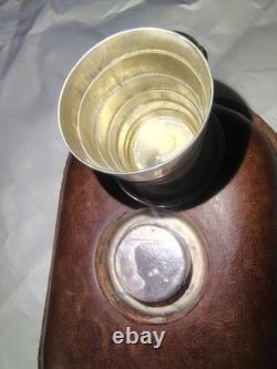 Antique Black Starr & Frost Sterling Silver Leather Flask Telescoping Shot Glass