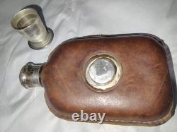 Antique Black Starr & Frost Sterling Silver Leather Flask Telescoping Shot Glass