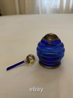 Antique Blue Glass Sterling Silver & 14K Gold Perfume Bottle