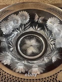 Antique Bowl Sterling Silver Rim Cut Glass Crystal Reticulated Pierced Floral