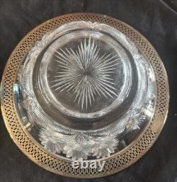 Antique Bowl Sterling Silver Rim Cut Glass Crystal Reticulated Pierced Floral