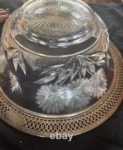 Antique Bowl Sterling Silver Rim Cut Glass Crystal Reticulated Pierced Floral