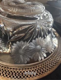 Antique Bowl Sterling Silver Rim Cut Glass Crystal Reticulated Pierced Floral