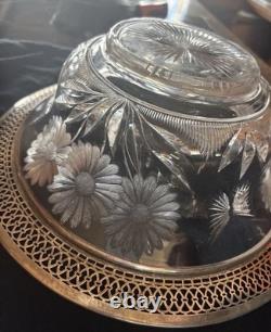 Antique Bowl Sterling Silver Rim Cut Glass Crystal Reticulated Pierced Floral