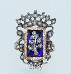 Antique Bristol Glass 14K & Sterling Silver Crown Ring