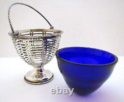 Antique Chester Sterling Silver Sugar Basket Bon Bon Blue Glass Liner Dish Bowl