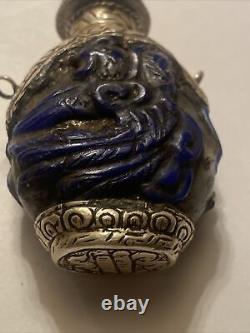 Antique Chinese BLUE peking glass & Turquoise Sterling silver snuff Bottle