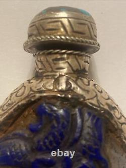 Antique Chinese BLUE peking glass & Turquoise Sterling silver snuff Bottle