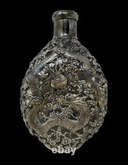 Antique Chinese Export Yuchang Sterling Silver Overlay Glass Decanter withDragons