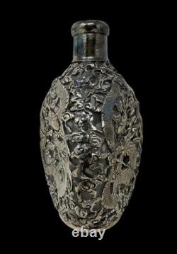 Antique Chinese Export Yuchang Sterling Silver Overlay Glass Decanter withDragons