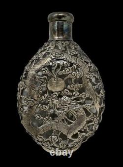 Antique Chinese Export Yuchang Sterling Silver Overlay Glass Decanter withDragons