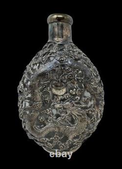 Antique Chinese Export Yuchang Sterling Silver Overlay Glass Decanter withDragons