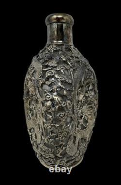 Antique Chinese Export Yuchang Sterling Silver Overlay Glass Decanter withDragons