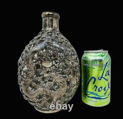Antique Chinese Export Yuchang Sterling Silver Overlay Glass Decanter withDragons