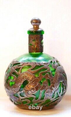 Antique Chinese Green Glass & Sterling Silver Dragon Decanter Bottle 6
