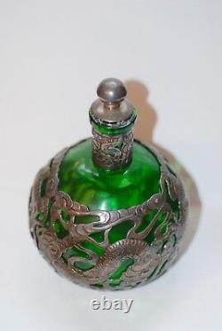 Antique Chinese Green Glass & Sterling Silver Dragon Decanter Bottle 6