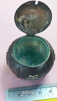 Antique Chinese Silver Salt Shaker Pumpkin Glass Insert Pot Lid Rare Old 36 gr