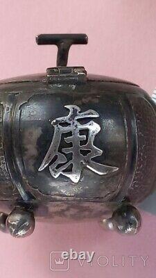 Antique Chinese Silver Salt Shaker Pumpkin Glass Insert Pot Lid Rare Old 36 gr