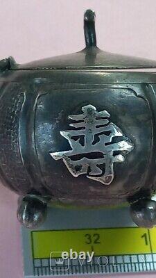 Antique Chinese Silver Salt Shaker Pumpkin Glass Insert Pot Lid Rare Old 36 gr