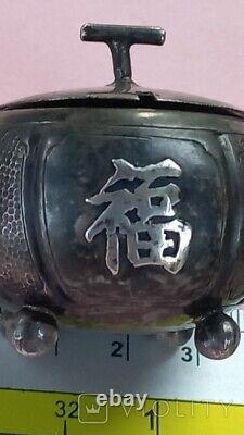 Antique Chinese Silver Salt Shaker Pumpkin Glass Insert Pot Lid Rare Old 36 gr