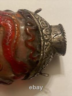 Antique Chinese peking glass & Turquoise Sterling silver snuff Bottle