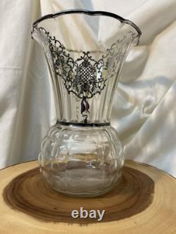 Antique Clear Glass Pineapple Vase With Floral Sterling Silver Overlay