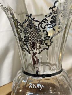 Antique Clear Glass Pineapple Vase With Floral Sterling Silver Overlay