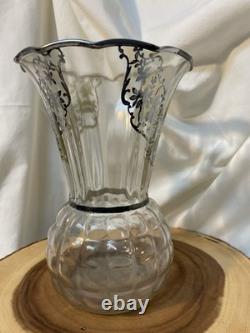 Antique Clear Glass Pineapple Vase With Floral Sterling Silver Overlay