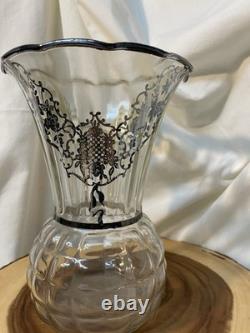 Antique Clear Glass Pineapple Vase With Floral Sterling Silver Overlay