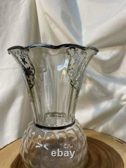 Antique Clear Glass Pineapple Vase With Floral Sterling Silver Overlay