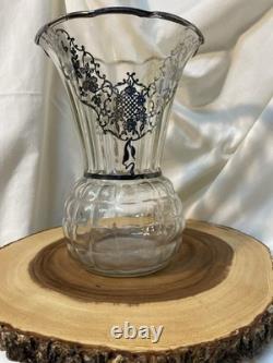 Antique Clear Glass Pineapple Vase With Floral Sterling Silver Overlay