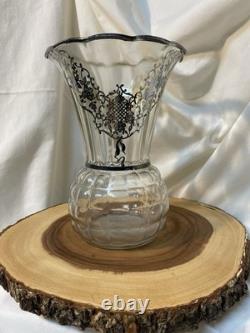 Antique Clear Glass Pineapple Vase With Floral Sterling Silver Overlay