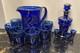 Antique Cobalt Blue Glass & Sterling Silver Overlay Pitcher, Decanter, Glasses