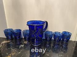 Antique Cobalt Blue Glass & Sterling Silver Overlay Pitcher, Decanter, Glasses