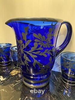 Antique Cobalt Blue Glass & Sterling Silver Overlay Pitcher, Decanter, Glasses
