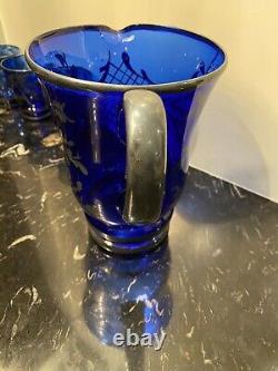 Antique Cobalt Blue Glass & Sterling Silver Overlay Pitcher, Decanter, Glasses