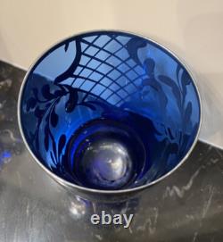 Antique Cobalt Blue Glass & Sterling Silver Overlay Pitcher, Decanter, Glasses