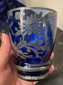 Antique Cobalt Blue Glass & Sterling Silver Overlay Pitcher, Decanter, Glasses