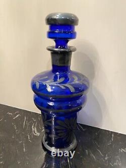 Antique Cobalt Blue Glass & Sterling Silver Overlay Pitcher, Decanter, Glasses