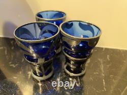 Antique Cobalt Blue Glass & Sterling Silver Overlay Pitcher, Decanter, Glasses