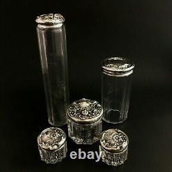 Antique Cut Glass / Crystal Vanity / Dresser Jars Sterling Silver Lids Set of 5