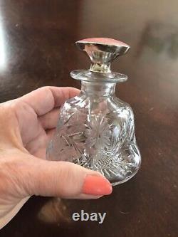 Antique Cut Glass Perfume Bottle Sterling Silver Guillicoch Enameled Stopper