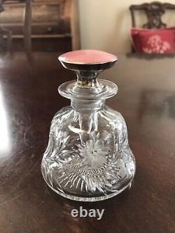 Antique Cut Glass Perfume Bottle Sterling Silver Guillicoch Enameled Stopper