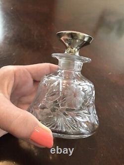 Antique Cut Glass Perfume Bottle Sterling Silver Guillicoch Enameled Stopper