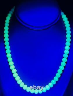 Antique Czech Green Onyx Uranium Glass Bead Necklace Sterling Silver Chain