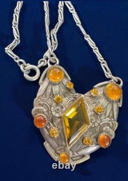 Antique Czech Ornate Floral Sterling Silver Pendant Necklace Amber Glass Window