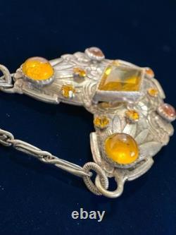 Antique Czech Ornate Floral Sterling Silver Pendant Necklace Amber Glass Window