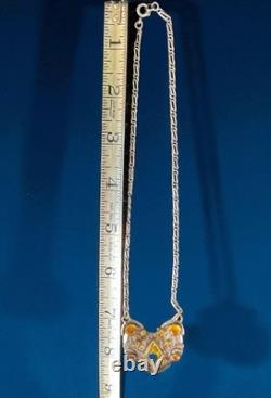 Antique Czech Ornate Floral Sterling Silver Pendant Necklace Amber Glass Window