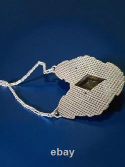 Antique Czech Ornate Floral Sterling Silver Pendant Necklace Amber Glass Window